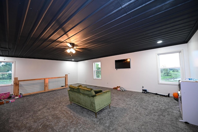 30950 E 54th Hwy, El Dorado Springs, MO 64744 - playroom featuring carpet flooring, a ceiling fan, and wooden ceiling