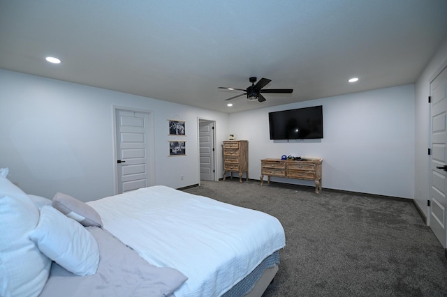 30950 E 54th Hwy, El Dorado Springs, MO 64744 - bedroom with recessed lighting, dark carpet, and ceiling fan