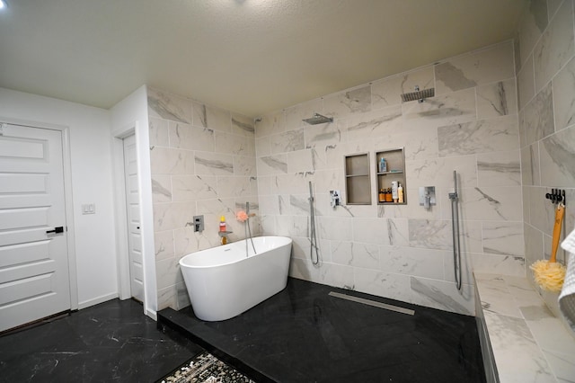 30950 E 54th Hwy, El Dorado Springs, MO 64744 - full bathroom featuring walk in shower, a freestanding tub, marble look tiles, and tile walls