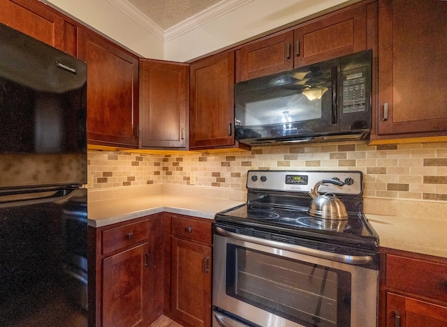 2924 S Roanoke Ave, Springfield, MO 65807 - kitchen featuring black appliances, ornamental molding, light countertops, and tasteful backsplash