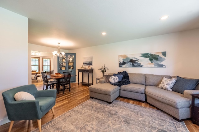 1728 E Camino Alto St, Springfield, MO 65804 - living area featuring a chandelier, wood finished floors, and recessed lighting