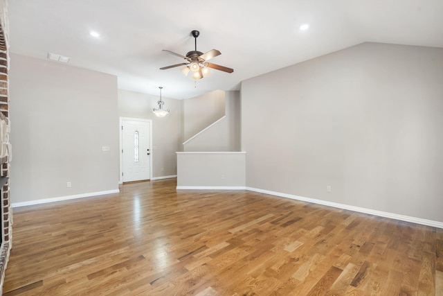 1545 N Oakfair Pl, Springfield, MO 65802 - unfurnished living room with a ceiling fan, light wood-type flooring, recessed lighting, and lofted ceiling