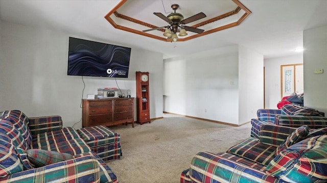 2005 Debra Dr, West Plains, MO 65775 - living area with carpet, ceiling fan, and a raised ceiling