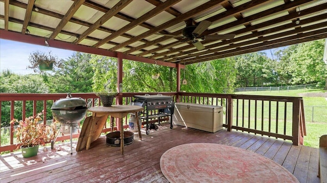 2005 Debra Dr, West Plains, MO 65775 - deck featuring a ceiling fan, a grill, and view of wooded area