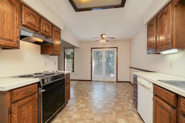 3723 N Vera Cruz Dr, Springfield, MO 65803 - kitchen with electric range oven, under cabinet range hood, dishwasher, ceiling fan, and light countertops