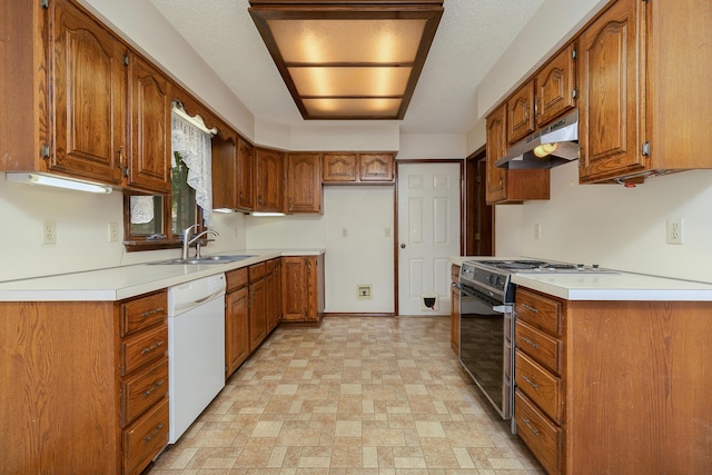 3723 N Vera Cruz Dr, Springfield, MO 65803 - kitchen featuring under cabinet range hood, dishwasher, range with gas cooktop, and brown cabinets
