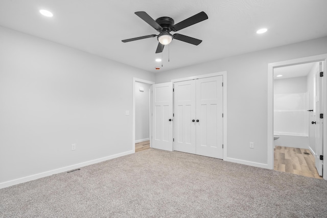 407 W Adamson St, Miller, MO 65707 - unfurnished bedroom with carpet flooring, recessed lighting, connected bathroom, a closet, and ceiling fan