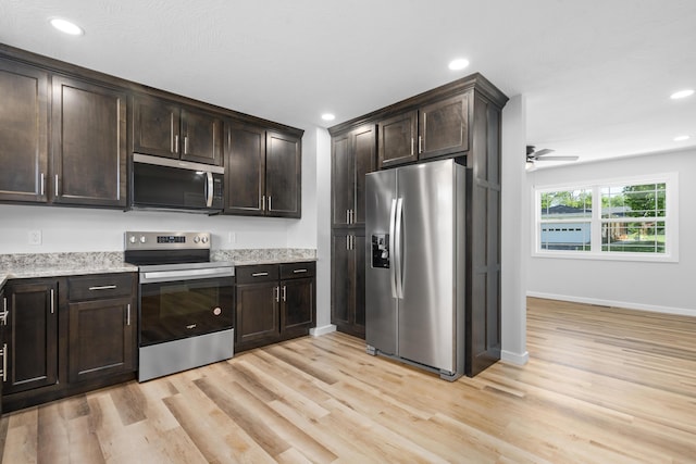 407 W Adamson St, Miller, MO 65707 - kitchen with stainless steel appliances, light wood finished floors, dark brown cabinets, recessed lighting, and a ceiling fan
