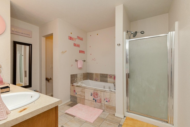 5441 Basswood Ct W, Springfield, MO 65802 - bathroom with a shower stall, a bath, tile patterned floors, and vanity