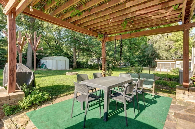 223 E Silsby St, Springfield, MO 65807 - view of patio with a shed, outdoor dining space, area for grilling, and view of scattered trees