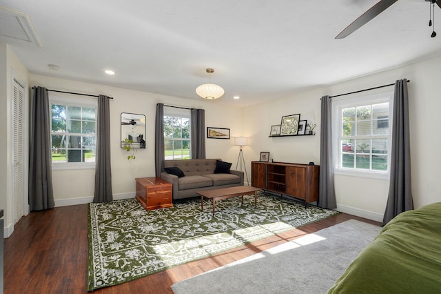 223 E Silsby St, Springfield, MO 65807 - living room featuring a ceiling fan, wood finished floors, and recessed lighting