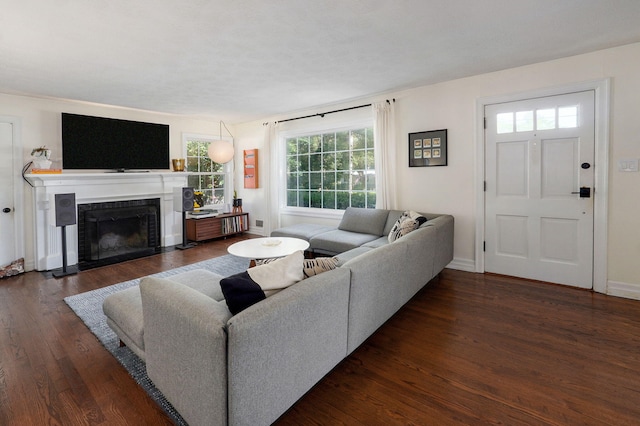 223 E Silsby St, Springfield, MO 65807 - living room featuring dark wood-style floors and a fireplace with flush hearth