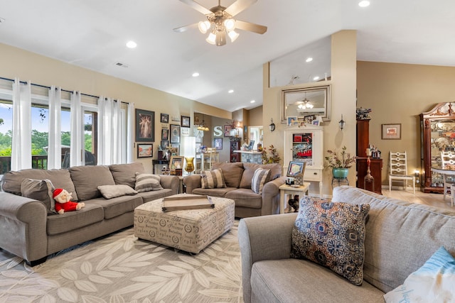 106 Finch Dr, Strafford, MO 65757 - living area featuring a ceiling fan, lofted ceiling, and recessed lighting