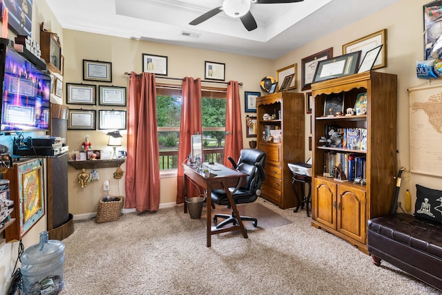 106 Finch Dr, Strafford, MO 65757 - carpeted home office with ceiling fan and a raised ceiling