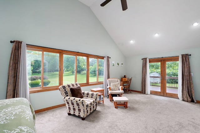 623 E Weaver Rd, Springfield, MO 65810 - carpeted bedroom featuring access to outside, high vaulted ceiling, recessed lighting, and ceiling fan