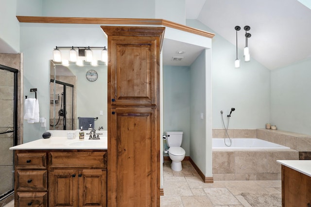 623 E Weaver Rd, Springfield, MO 65810 - bathroom with vanity, a bath, stone tile flooring, a shower stall, and vaulted ceiling