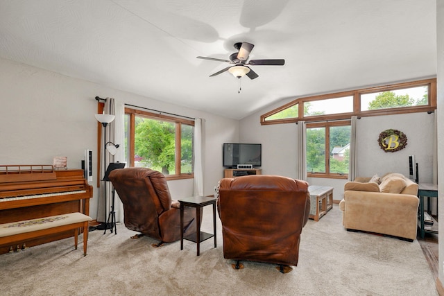 623 E Weaver Rd, Springfield, MO 65810 - living room featuring vaulted ceiling, light carpet, and a ceiling fan