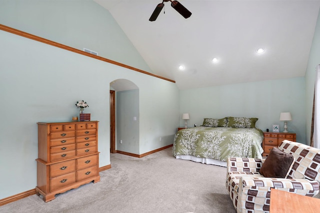 623 E Weaver Rd, Springfield, MO 65810 - bedroom with arched walkways, light carpet, a ceiling fan, high vaulted ceiling, and recessed lighting