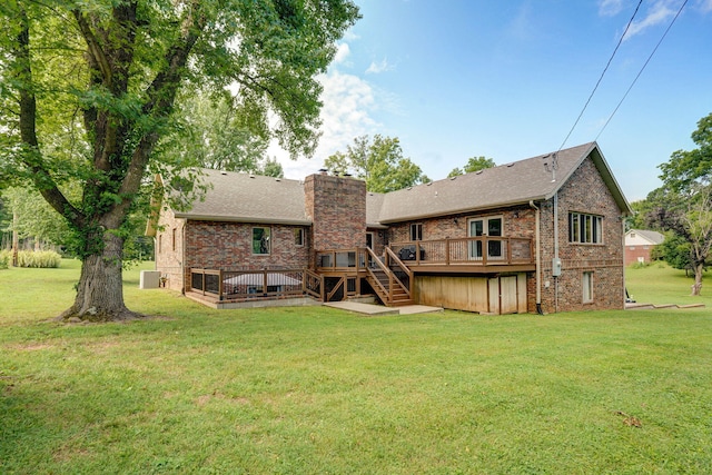 623 E Weaver Rd, Springfield, MO 65810 - rear view of property featuring stairs, brick siding, a deck, and a chimney
