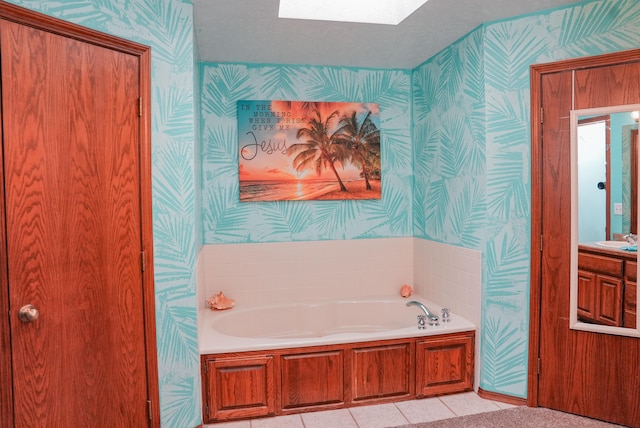 258 State Highway 32, Buffalo, MO 65622 - bathroom with wallpapered walls, a skylight, a bath, and vanity