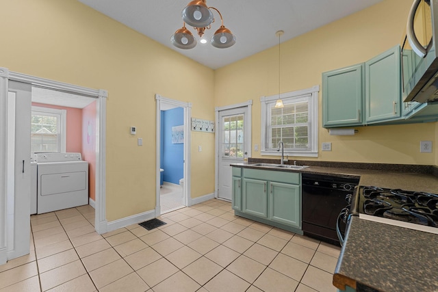 1201 N Broadway Ave, Springfield, MO 65802 - kitchen featuring washer / clothes dryer, green cabinets, black dishwasher, stainless steel microwave, and dark countertops