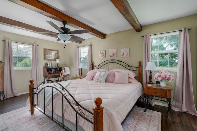 12655 Lawrence Unit 2155, Mount Vernon, MO 65712 - bedroom with beam ceiling, wood finished floors, and ceiling fan