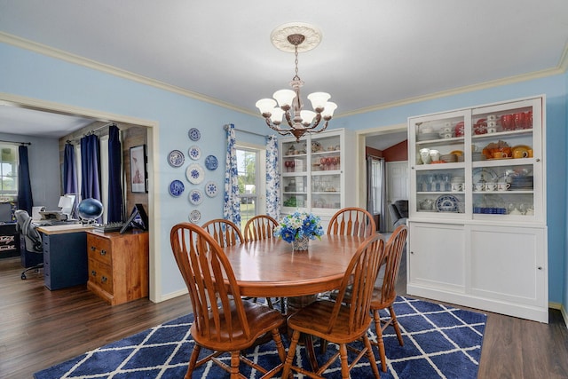 12655 Lawrence Unit 2155, Mount Vernon, MO 65712 - dining space featuring a chandelier, plenty of natural light, dark wood-style floors, and crown molding