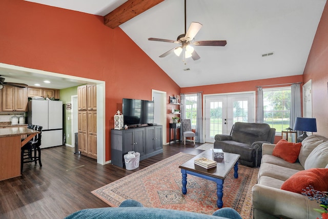 12655 Lawrence Unit 2155, Mount Vernon, MO 65712 - living room with a ceiling fan, high vaulted ceiling, french doors, dark wood-type flooring, and beam ceiling