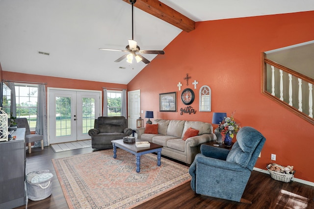 12655 Lawrence Unit 2155, Mount Vernon, MO 65712 - living area featuring wood finished floors, beamed ceiling, french doors, ceiling fan, and high vaulted ceiling