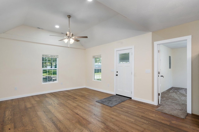 114 N Hobbs St, Miller, MO 65707 - entryway featuring wood finished floors, lofted ceiling, a ceiling fan, and recessed lighting