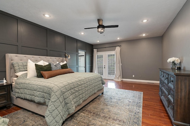 295 Headwaters Dr, Marshfield, MO 65706 - bedroom featuring access to outside, dark wood finished floors, recessed lighting, french doors, and a ceiling fan