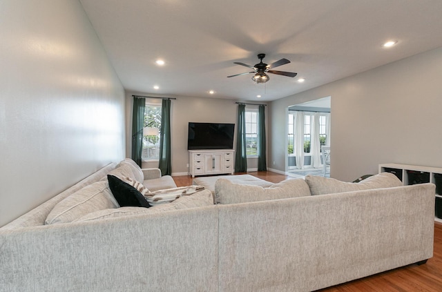 295 Headwaters Dr, Marshfield, MO 65706 - living room with wood finished floors, ceiling fan, and recessed lighting