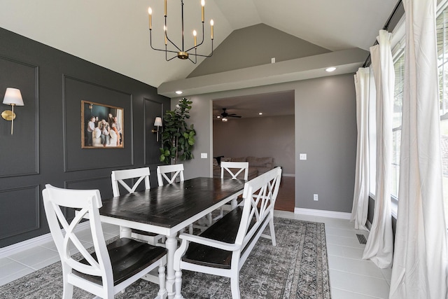 295 Headwaters Dr, Marshfield, MO 65706 - dining space with vaulted ceiling, light tile patterned flooring, and ceiling fan