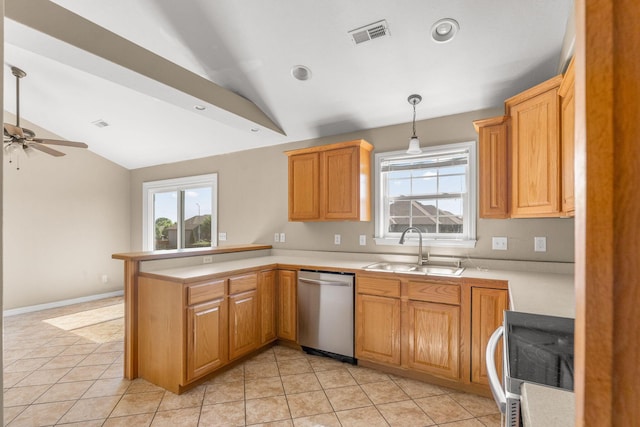 663 N Althea Ave, Nixa, MO 65714 - kitchen featuring stainless steel dishwasher, vaulted ceiling, a peninsula, light countertops, and a ceiling fan