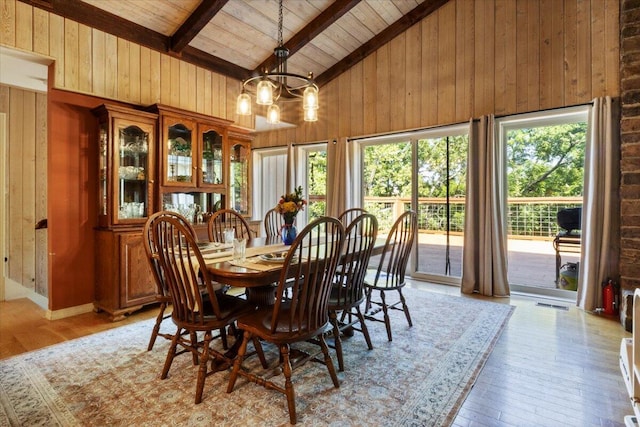 23 Sweetwater Ln, Buffalo, MO 65622 - dining room featuring wooden walls, a wooden ceiling with exposed beams, high vaulted ceiling, light wood finished floors, and a chandelier