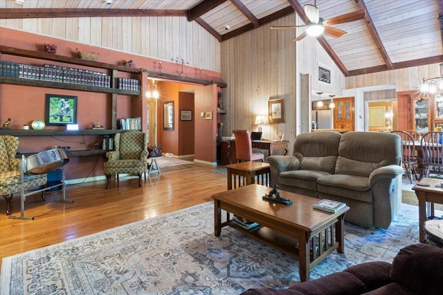 23 Sweetwater Ln, Buffalo, MO 65622 - living room featuring high vaulted ceiling, wood finished floors, wooden walls, ceiling fan, and a wooden ceiling with exposed beams