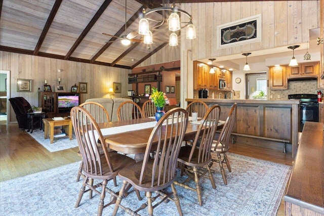 23 Sweetwater Ln, Buffalo, MO 65622 - dining area featuring light wood finished floors, beamed ceiling, high vaulted ceiling, wooden walls, and a chandelier