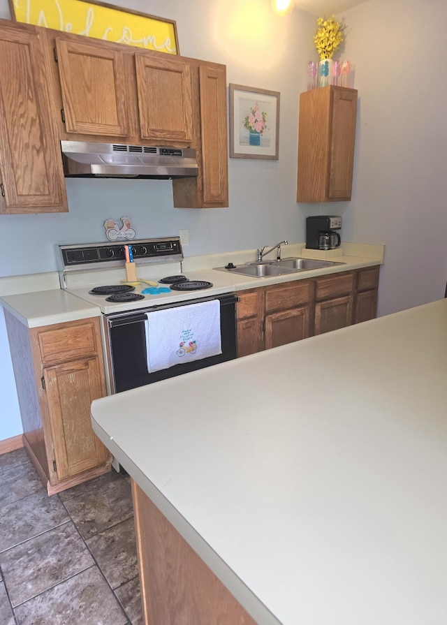 388 Notch Ln Bldg 5 Unit B, Branson West, MO 65737 - kitchen featuring under cabinet range hood, electric stove, light countertops, and brown cabinetry