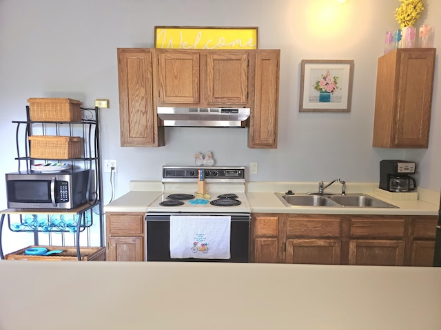 388 Notch Ln Bldg 5 Unit B, Branson West, MO 65737 - kitchen featuring under cabinet range hood, electric stove, stainless steel microwave, and light countertops