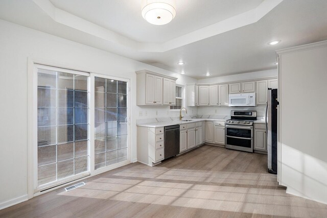 903 N 4th St, Ozark, MO 65721 - kitchen with appliances with stainless steel finishes, light wood-style floors, light countertops, recessed lighting, and a raised ceiling