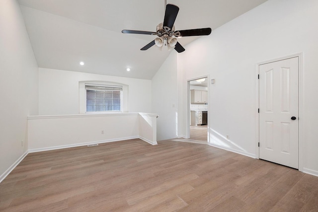 903 N 4th St, Ozark, MO 65721 - spare room with ceiling fan, light wood finished floors, high vaulted ceiling, and recessed lighting
