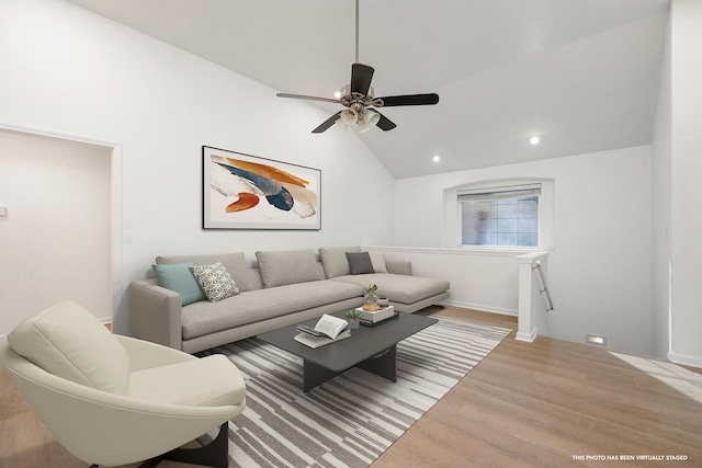 903 N 4th St, Ozark, MO 65721 - living room featuring lofted ceiling, wood finished floors, a ceiling fan, and recessed lighting