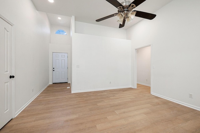 903 N 4th St, Ozark, MO 65721 - spare room with high vaulted ceiling, a ceiling fan, light wood-style flooring, and recessed lighting