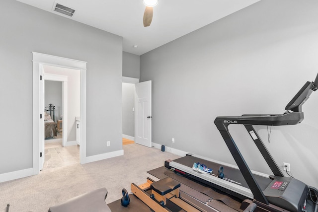 3972 E Dunrobin Dr, Springfield, MO 65809 - exercise area with a ceiling fan and light carpet