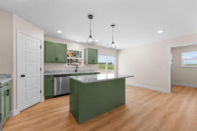 265 Mccann Rd, Powersite, MO 65731 - kitchen featuring green cabinets, stainless steel dishwasher, light wood-style floors, a kitchen island, and recessed lighting