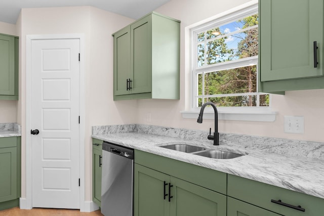 265 Mccann Rd, Powersite, MO 65731 - kitchen featuring stainless steel dishwasher, green cabinets, and light stone countertops