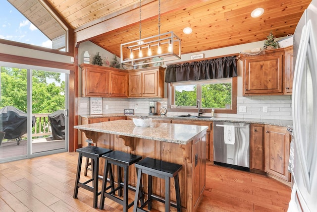 78 Free Bird Ln, Reeds Spring, MO 65737 - kitchen featuring stainless steel dishwasher, wooden ceiling, refrigerator, decorative backsplash, and a kitchen island
