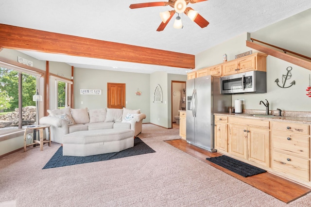 78 Free Bird Ln, Reeds Spring, MO 65737 - living area featuring light colored carpet, ceiling fan, and a textured ceiling