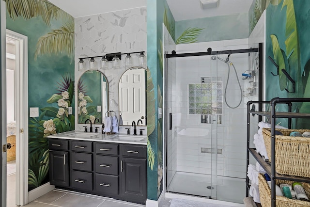 4050 W Page Pl, Springfield, MO 65802 - full bath with double vanity, a shower stall, and tile patterned flooring