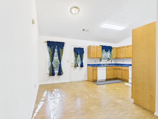 1007 S Walnut St, Harrison, AR 72601 - kitchen with white dishwasher, lofted ceiling, plenty of natural light, a textured ceiling, and light wood-style floors